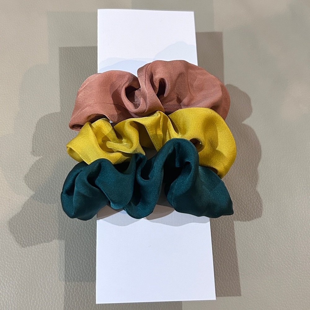 Set of Three Satin Scrunchies - Pink, Yellow, Green
